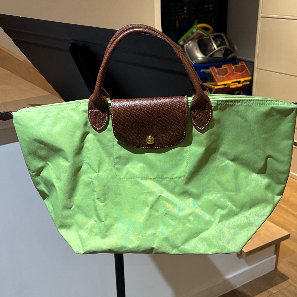 Green Nylon Tote Bag with Brown Leather Trim